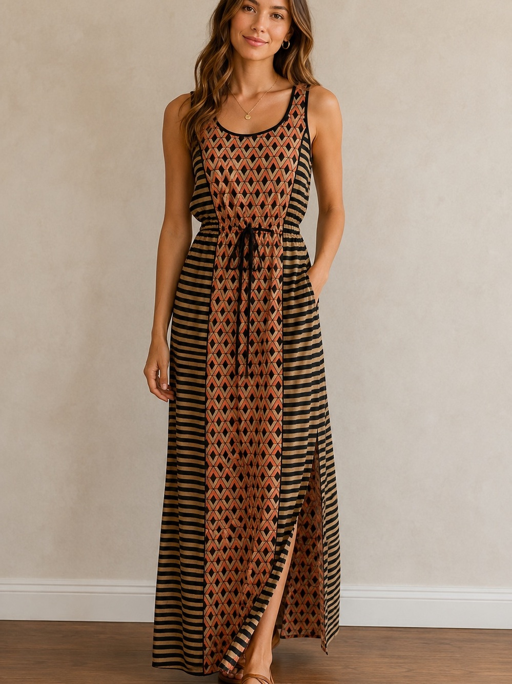 THML Boho Maxi Dress Geometric Print Striped Side Panels M
